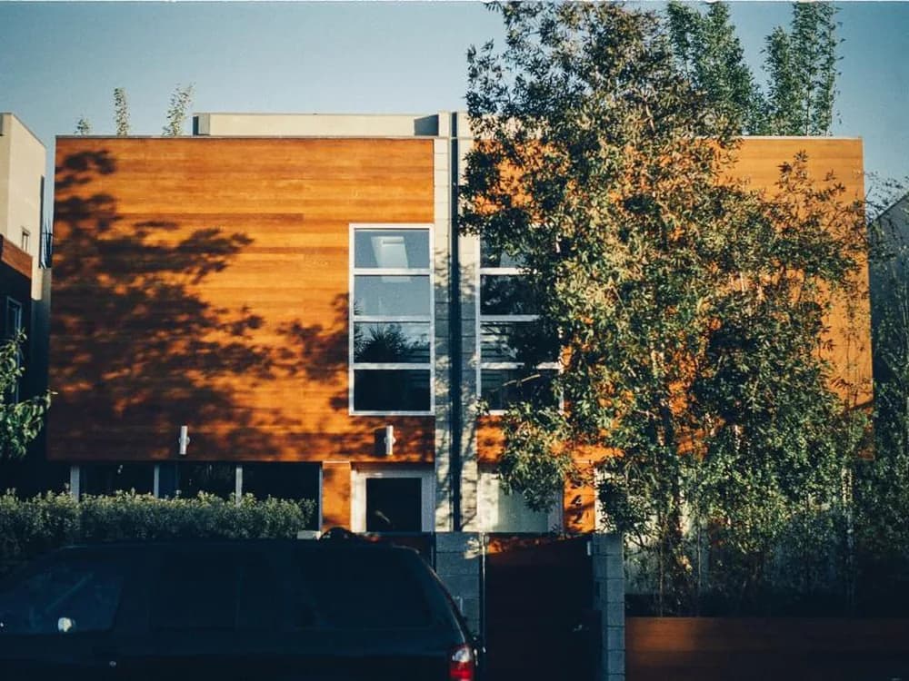 A contemporary timber-clad home at golden hour, framed by trees.